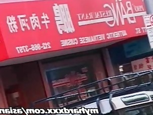 Two guys worship Asian mistress in Taiwanese restaurant basement